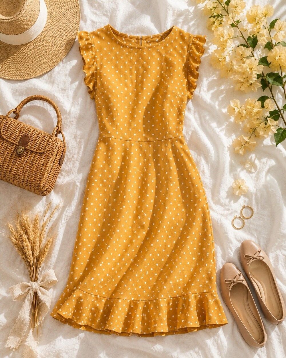 Old Navy Mustard Polka Dot Ruffle Sleeve Dress M